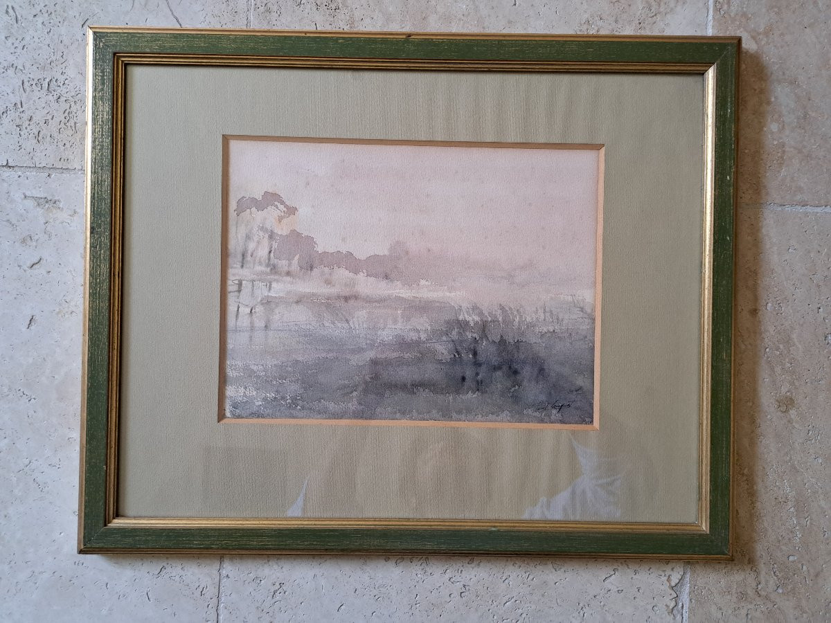 Paul Leuquet , Marsh Landscape , Watercolor , 20th C.-photo-1