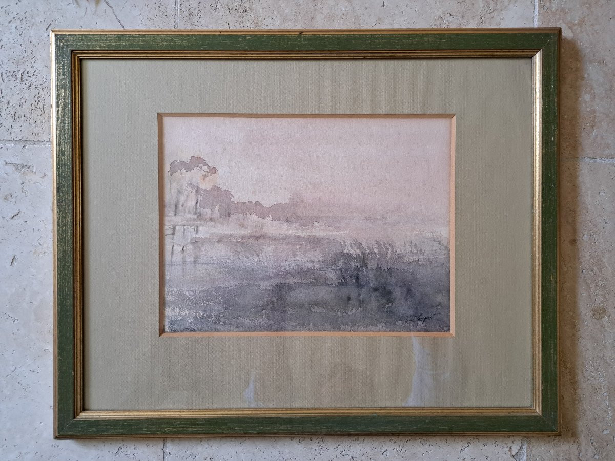 Paul Leuquet , Marsh Landscape , Watercolor , 20th C.-photo-2
