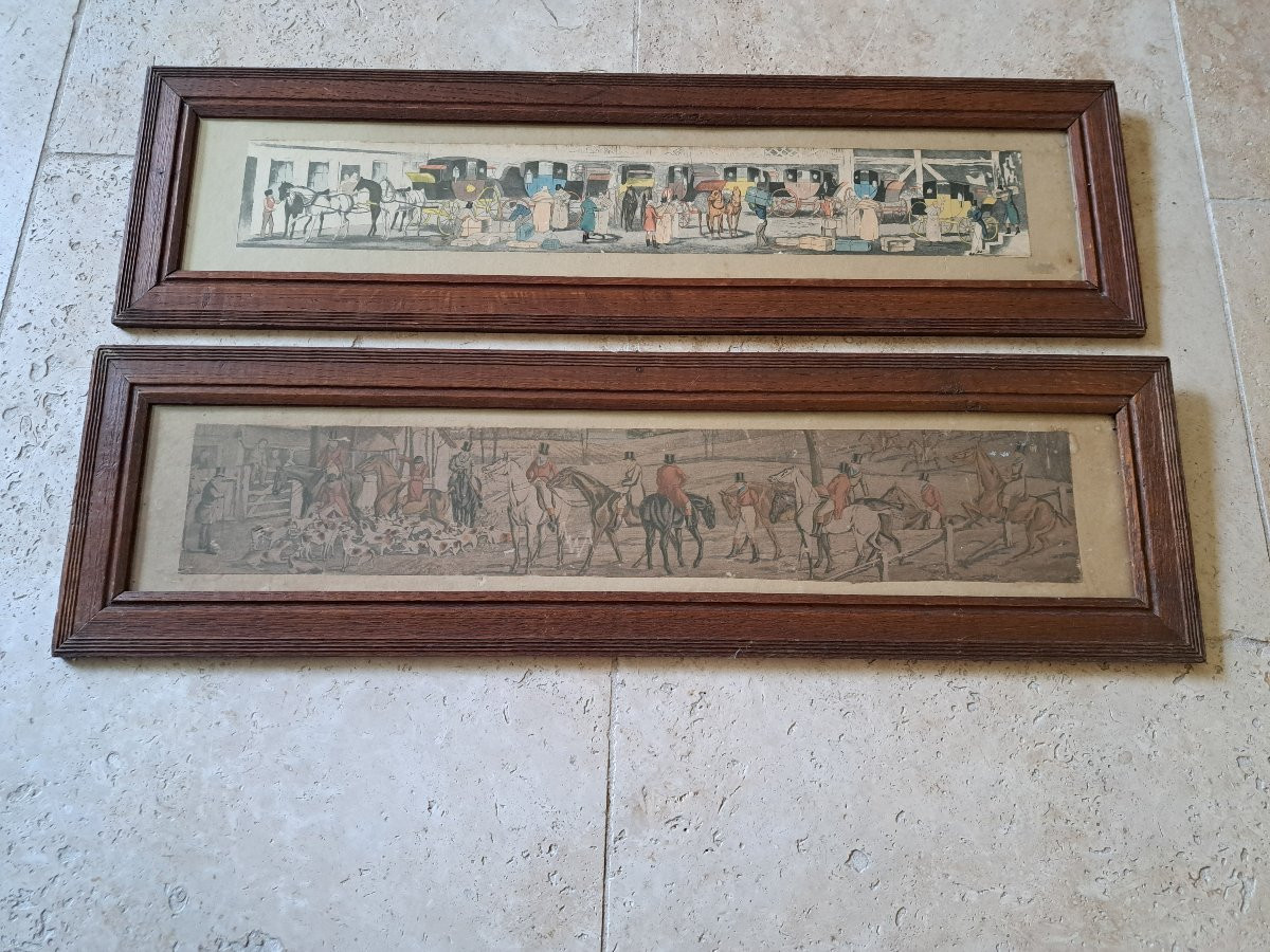 Deux gravures anglaise , Chasse à courre et calèches , Début XX°. -photo-1