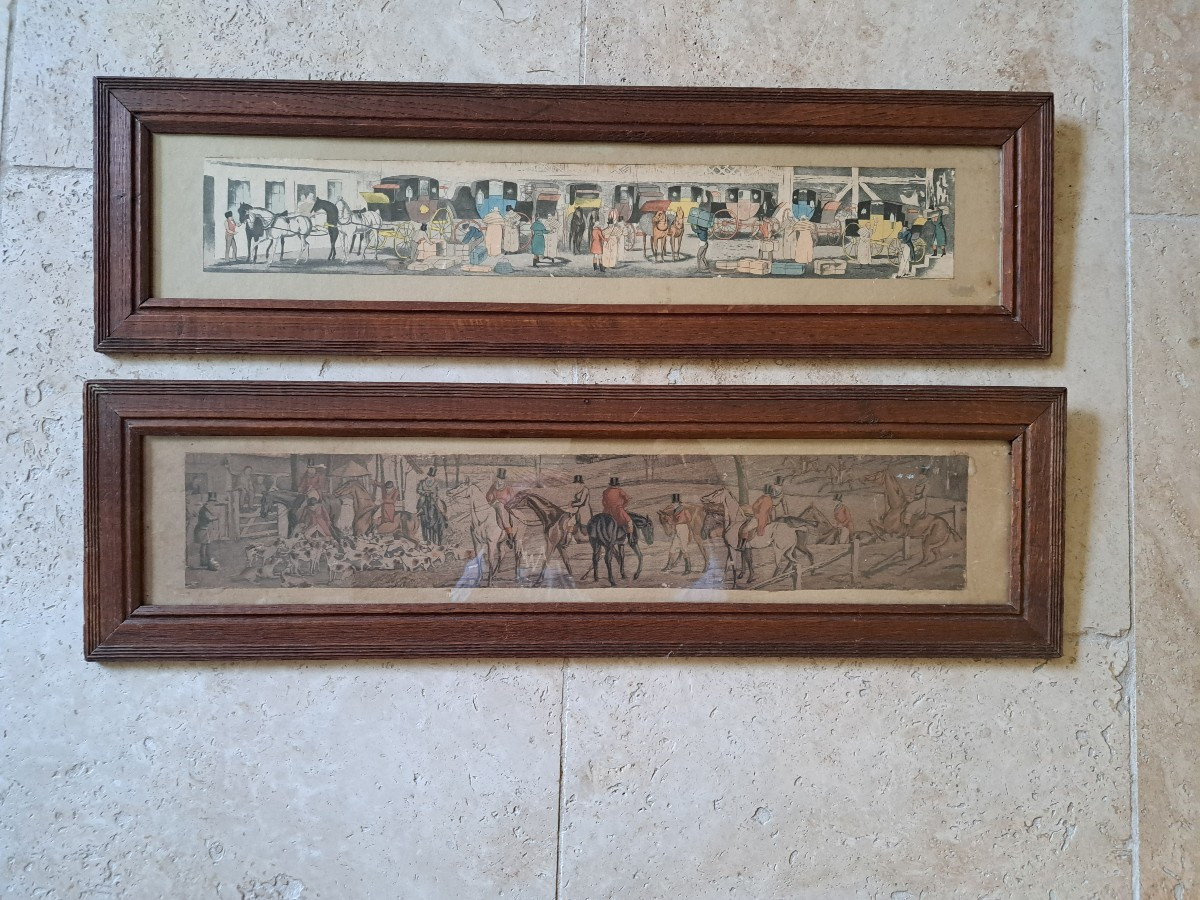 Deux gravures anglaise , Chasse à courre et calèches , Début XX°. 