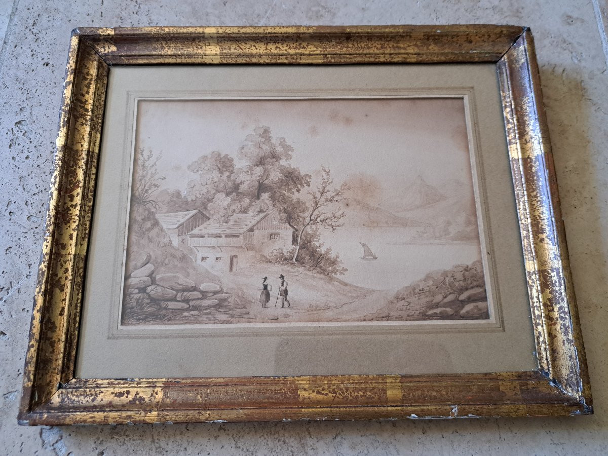 Lac suisse , Lavis d'encre , XIX°. -photo-3