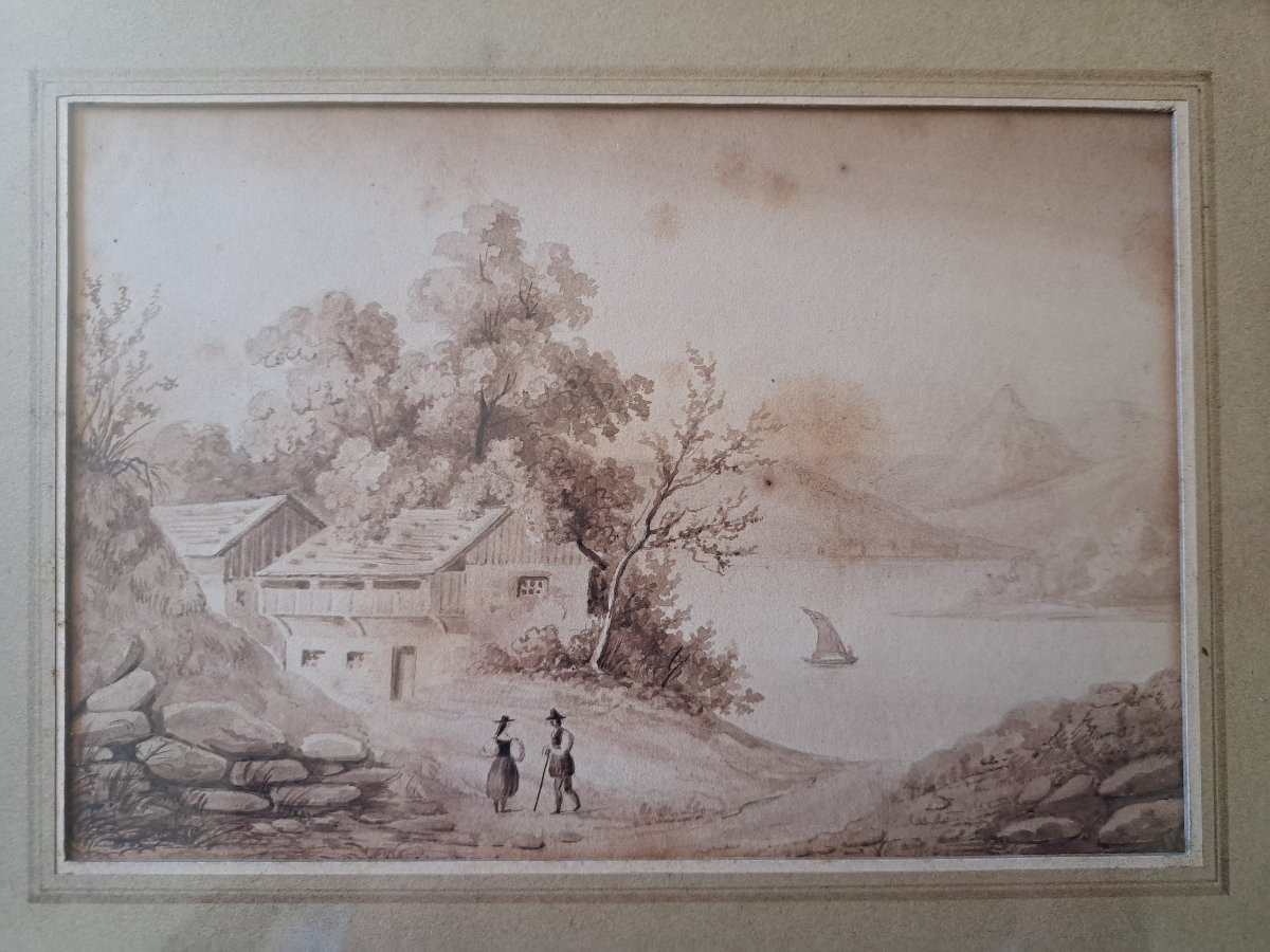 Lac suisse , Lavis d'encre , XIX°. -photo-4