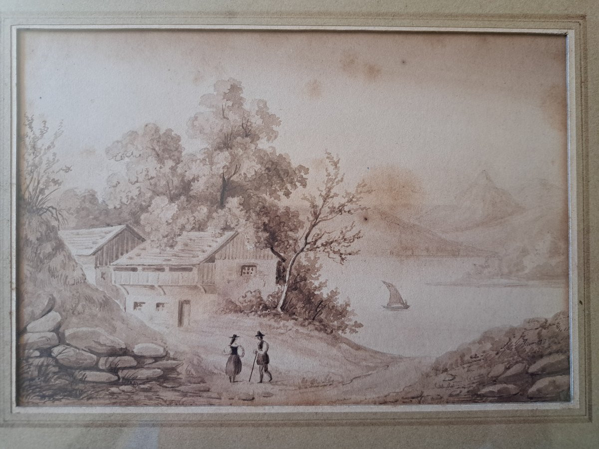 Lac suisse , Lavis d'encre , XIX°. -photo-1