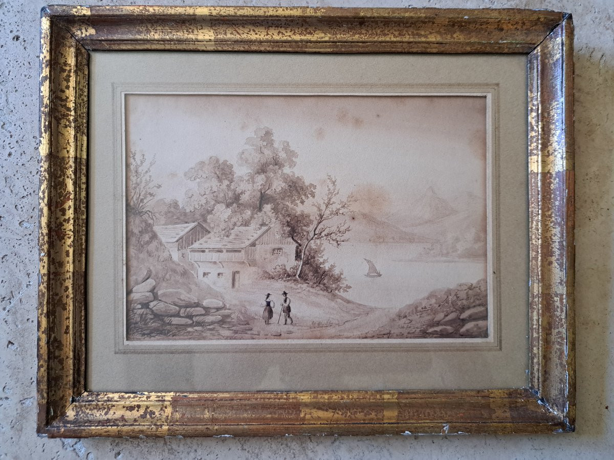 Lac suisse , Lavis d'encre , XIX°. -photo-2