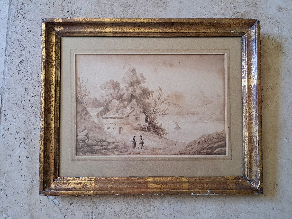 Lac suisse , Lavis d'encre , XIX°. 