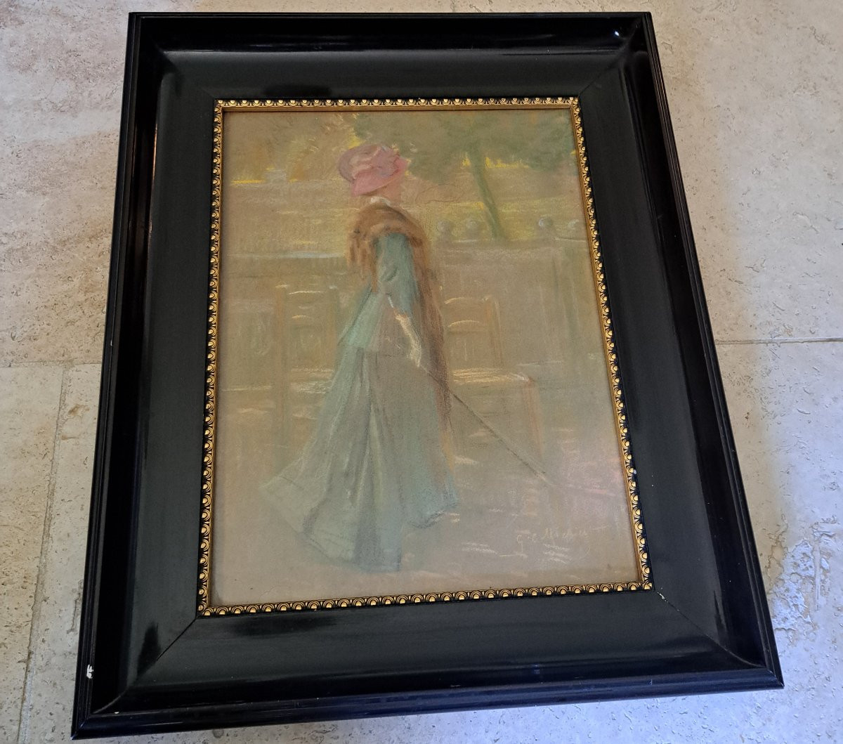Georges Claude Michelet , Elégante au parc , Pastel , Fin XIX°/Début XX°. -photo-2
