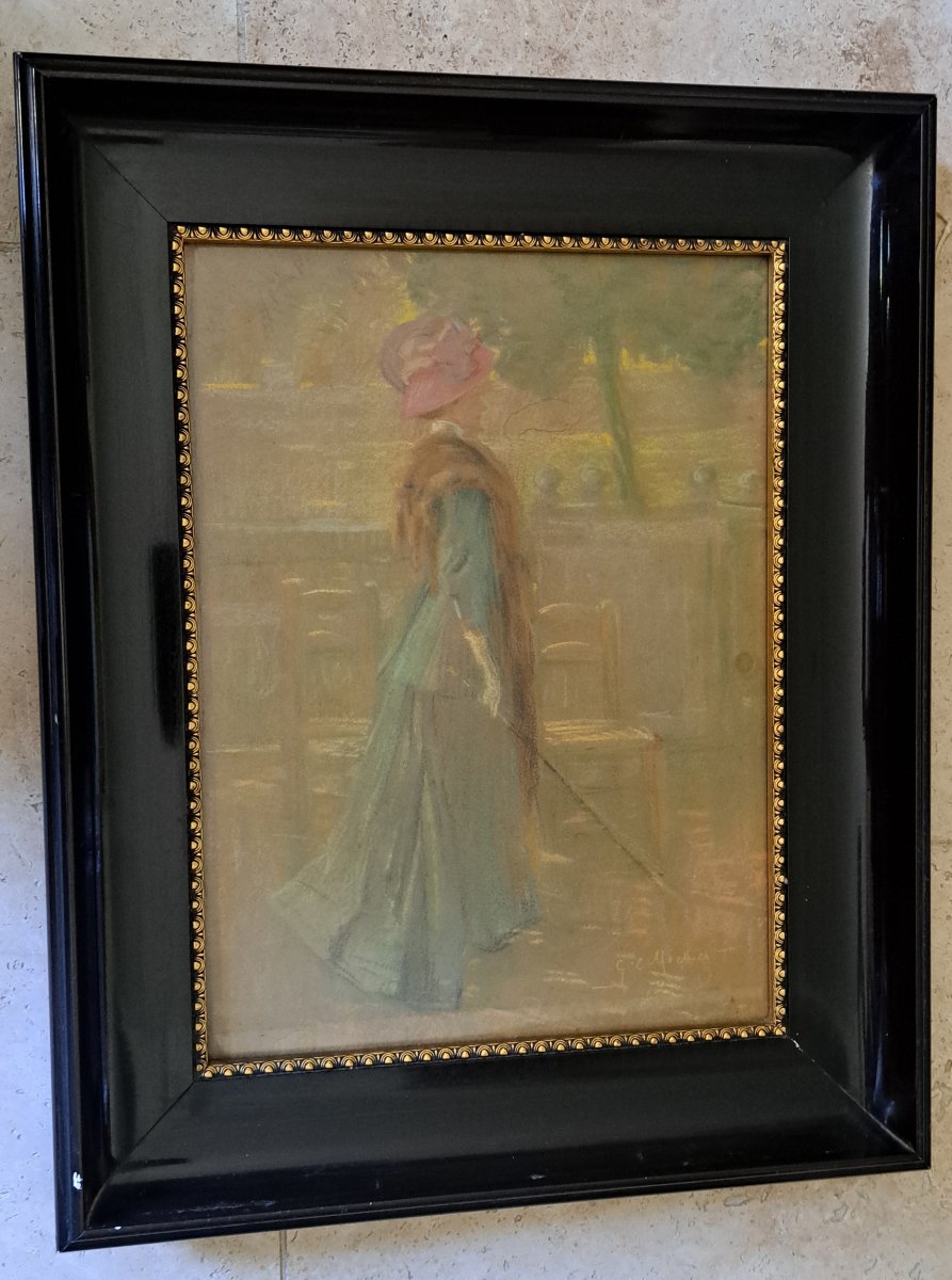 Georges Claude Michelet , Elégante au parc , Pastel , Fin XIX°/Début XX°. -photo-3