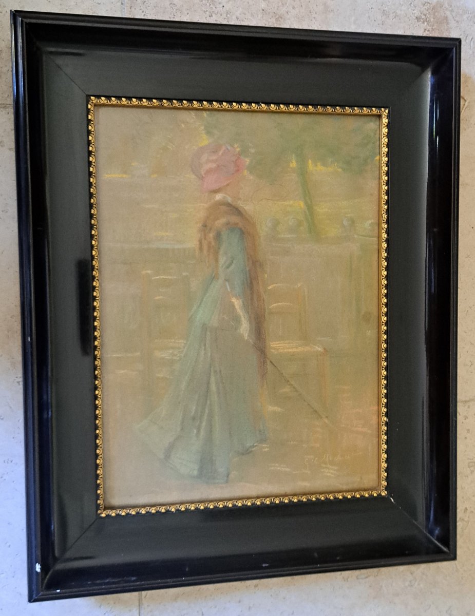 Georges Claude Michelet , Elégante au parc , Pastel , Fin XIX°/Début XX°. -photo-4