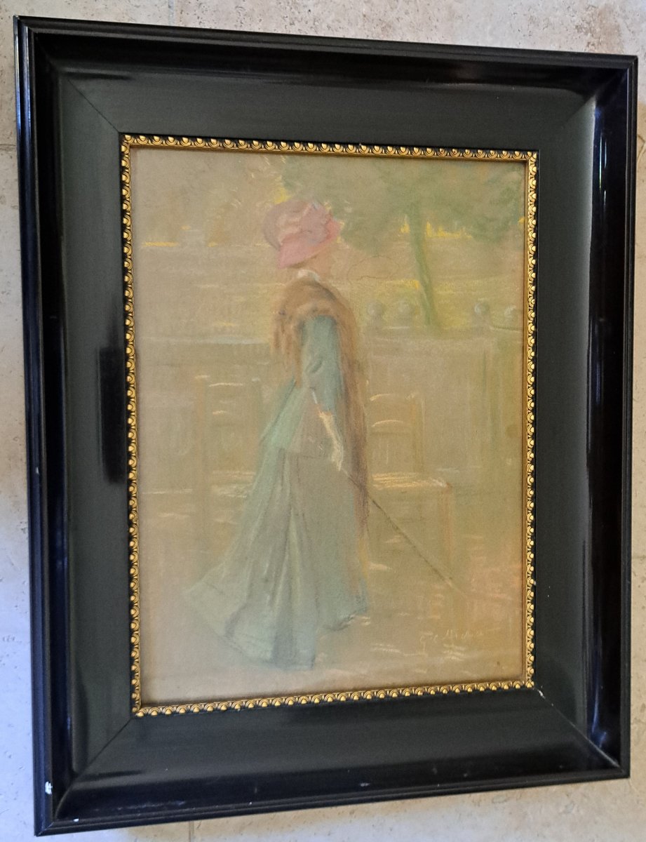 Georges Claude Michelet , Elégante au parc , Pastel , Fin XIX°/Début XX°. -photo-1