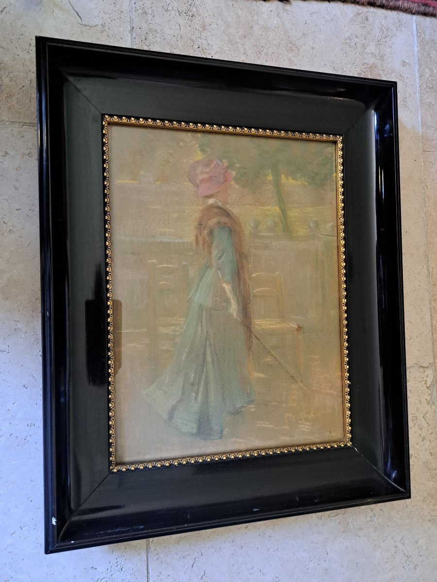 Georges Claude Michelet , Elégante au parc , Pastel , Fin XIX°/Début XX°. -photo-2