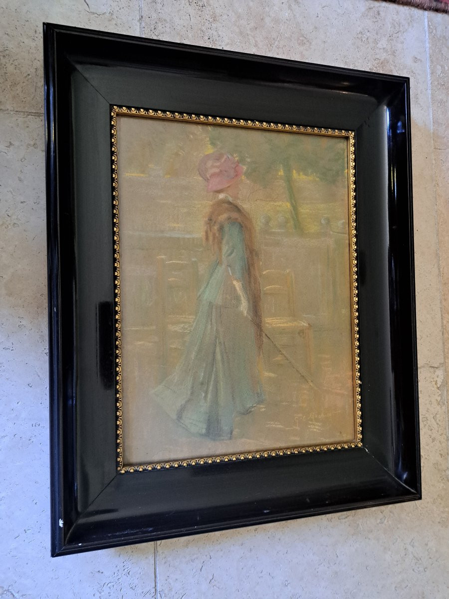 Georges Claude Michelet , Elégante au parc , Pastel , Fin XIX°/Début XX°. -photo-3