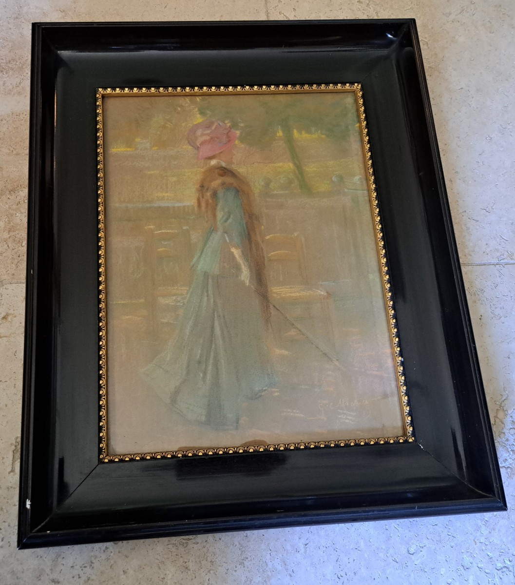 Georges Claude Michelet , Elégante au parc , Pastel , Fin XIX°/Début XX°. 