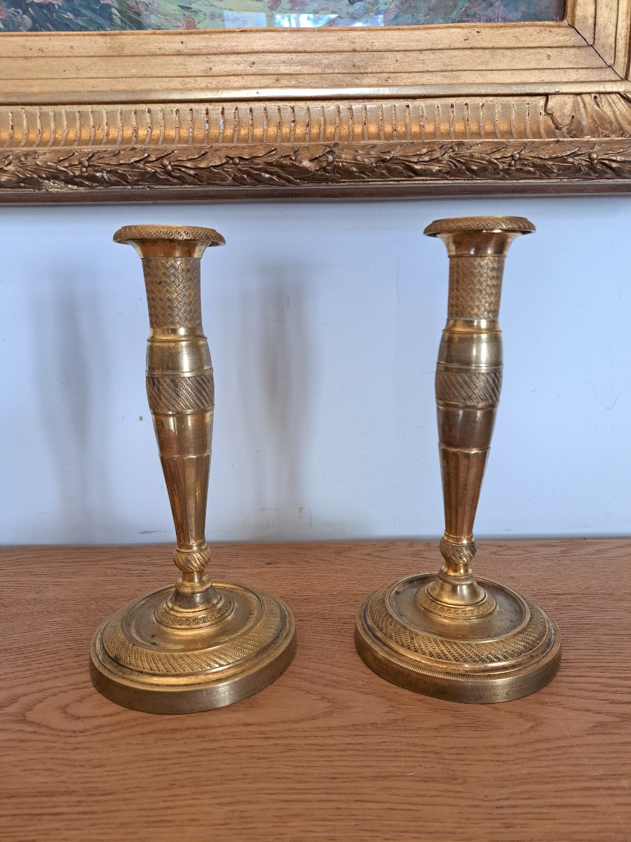 Pair Of Candlesticks , Gilt Bronze , Empire Period , Early XIX°.