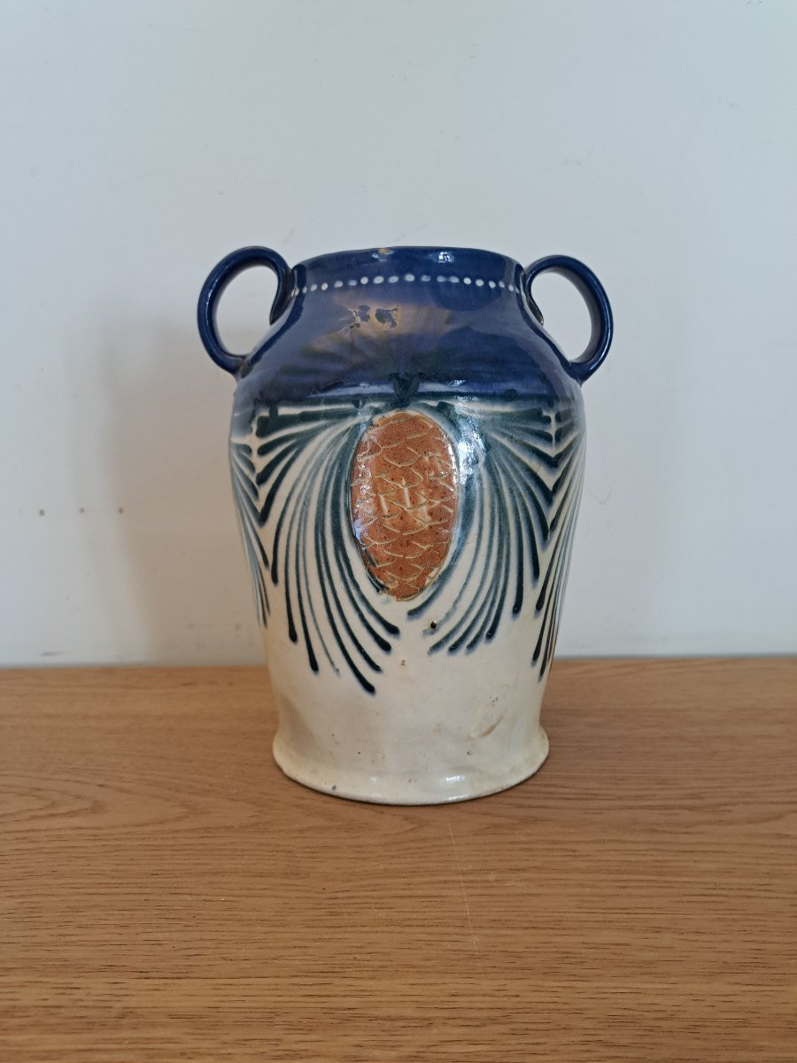 Léon Elchinger , Vase , Pine Cones , Ceramic , Art Nouveau .-photo-2
