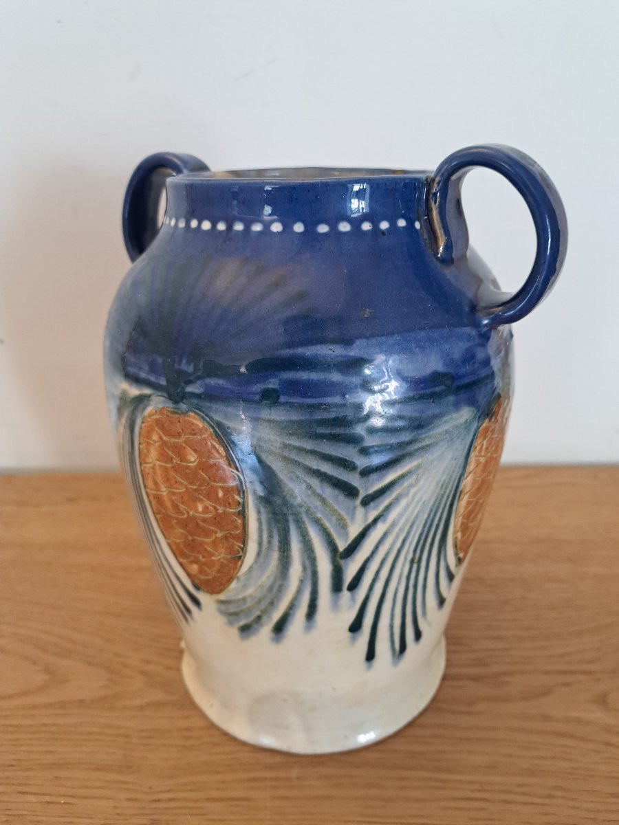 Léon Elchinger , Vase , Pine Cones , Ceramic , Art Nouveau .-photo-4