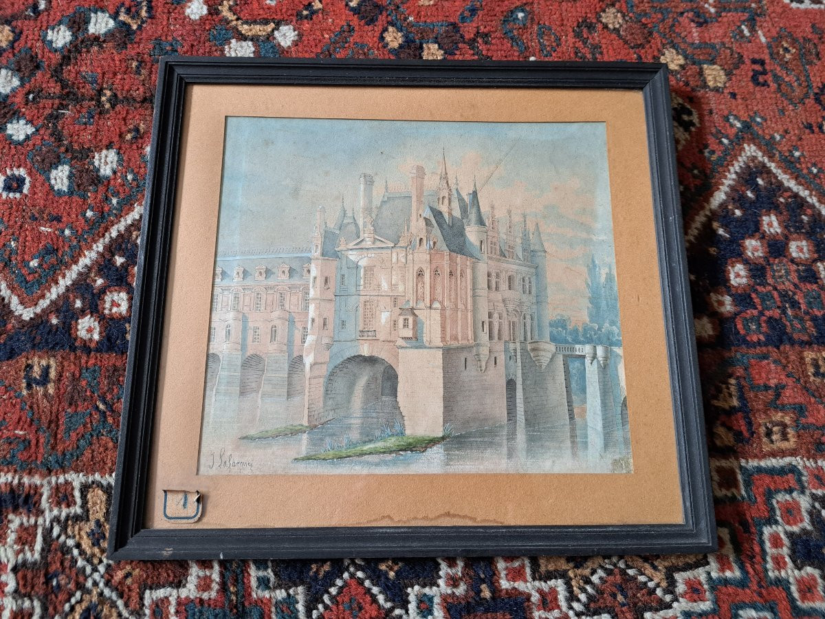 Château De Chenonceaux , Watercolor , Signed , XIX°.-photo-2
