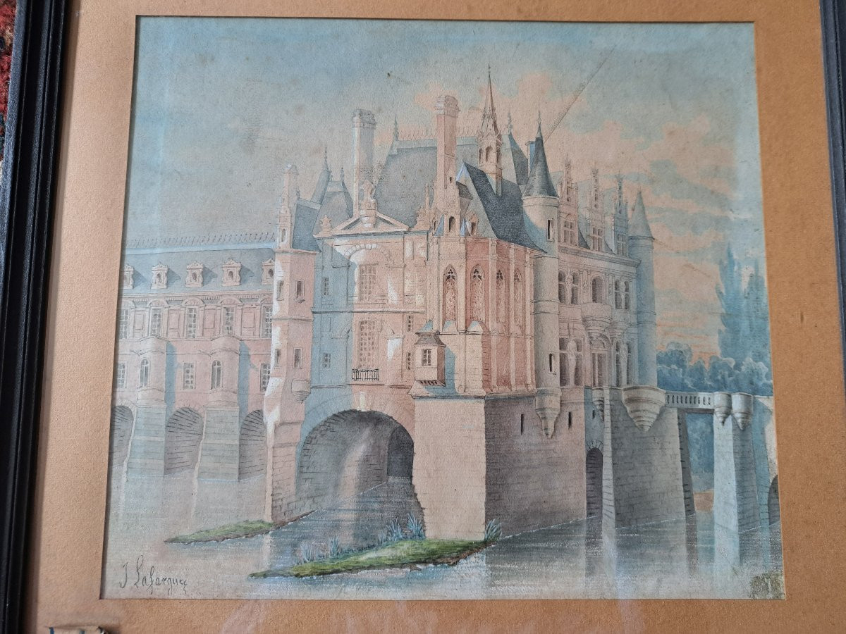 Château De Chenonceaux , Watercolor , Signed , XIX°.-photo-3