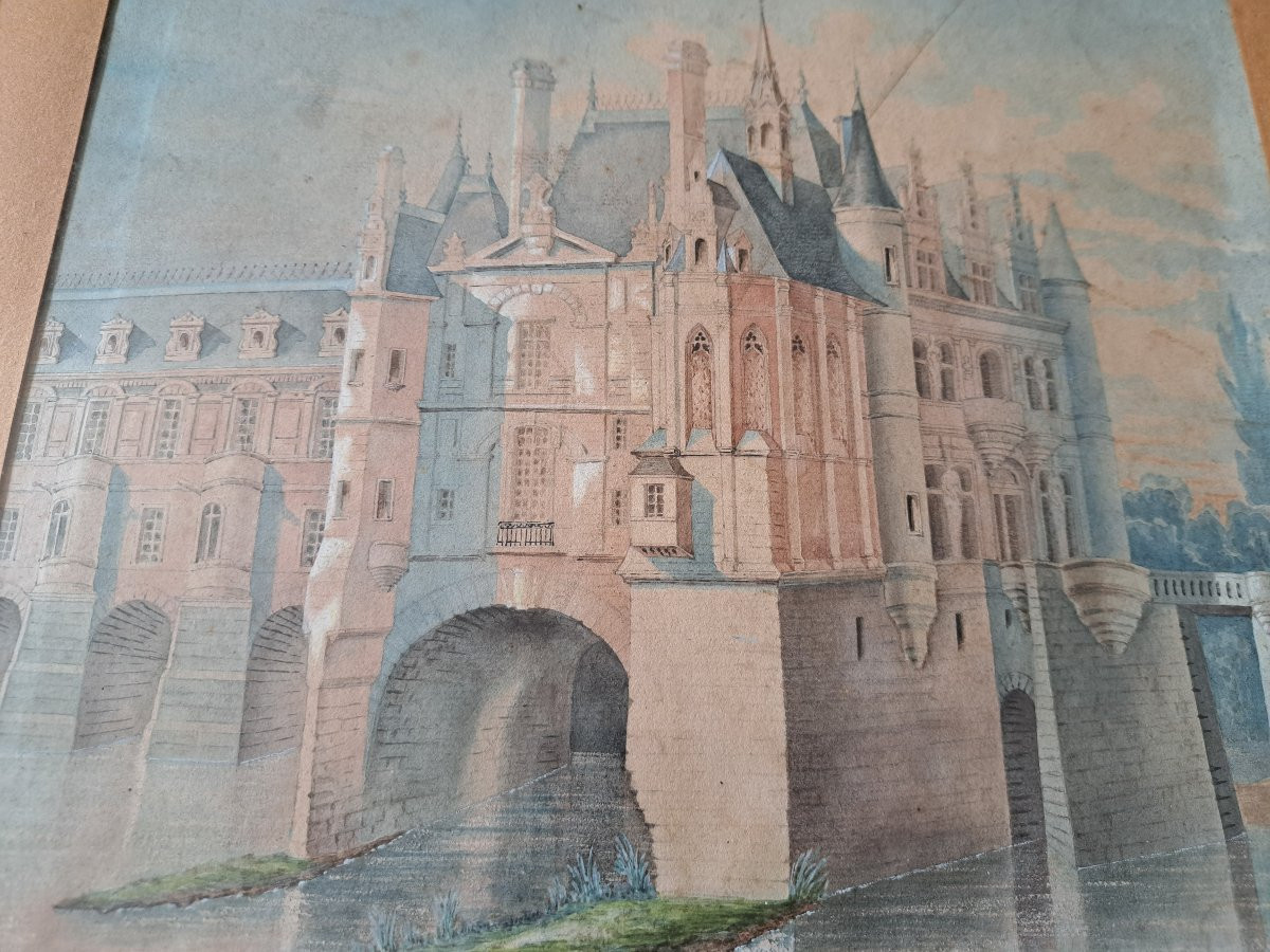 Château De Chenonceaux , Watercolor , Signed , XIX°.-photo-1