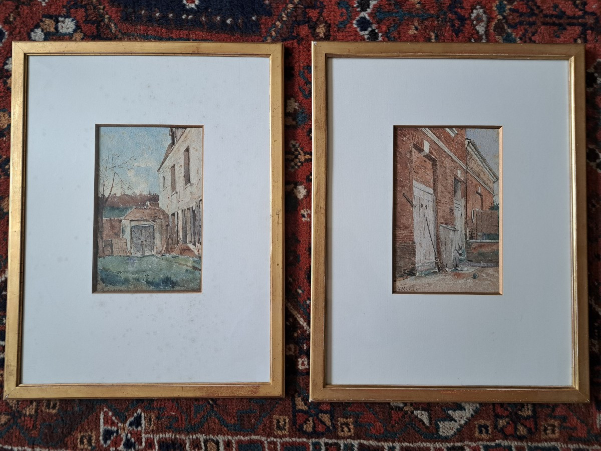 Abraham Lopes Suasso , Cours de fermes , Paire d'aquarelles , XIX°. 