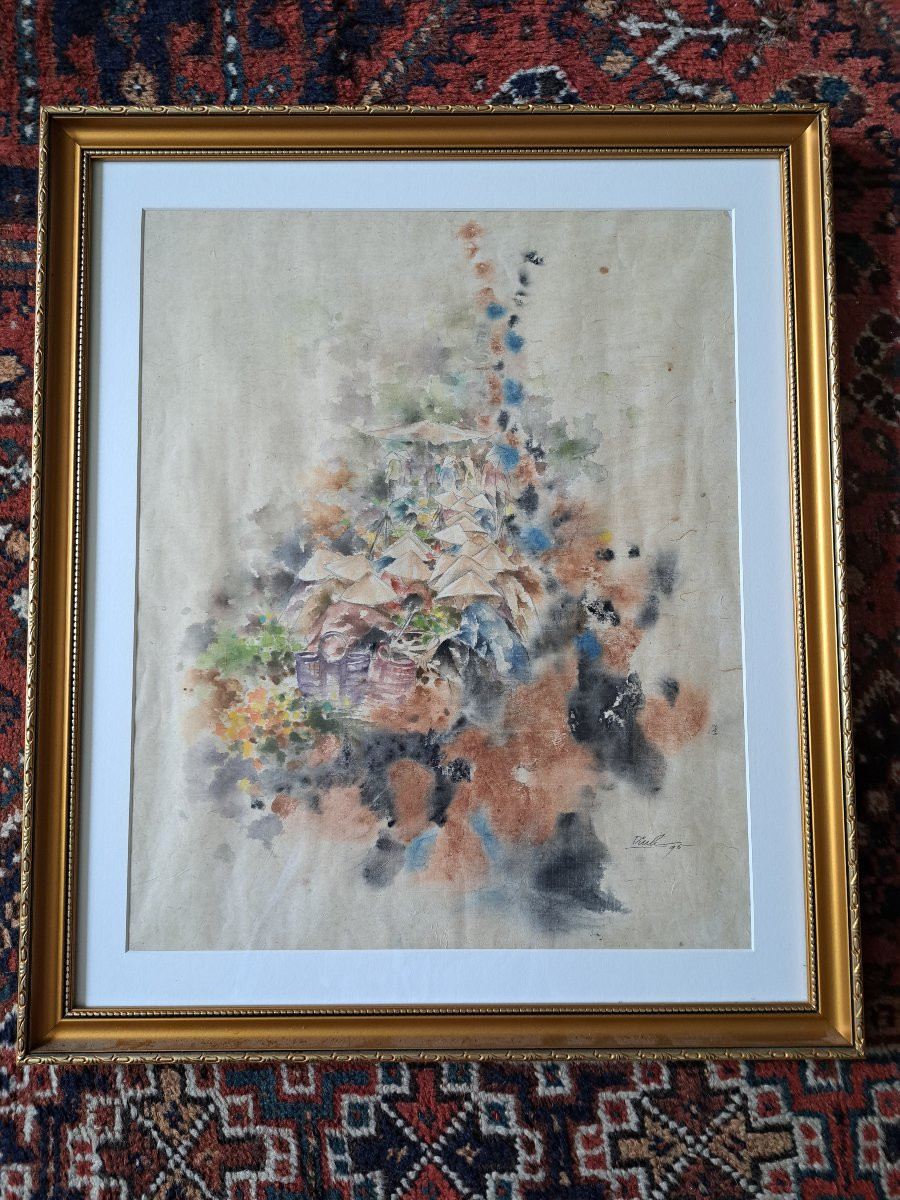 Dinh , Scène de marché au Vietnam , Aquarelle , XX°. -photo-2