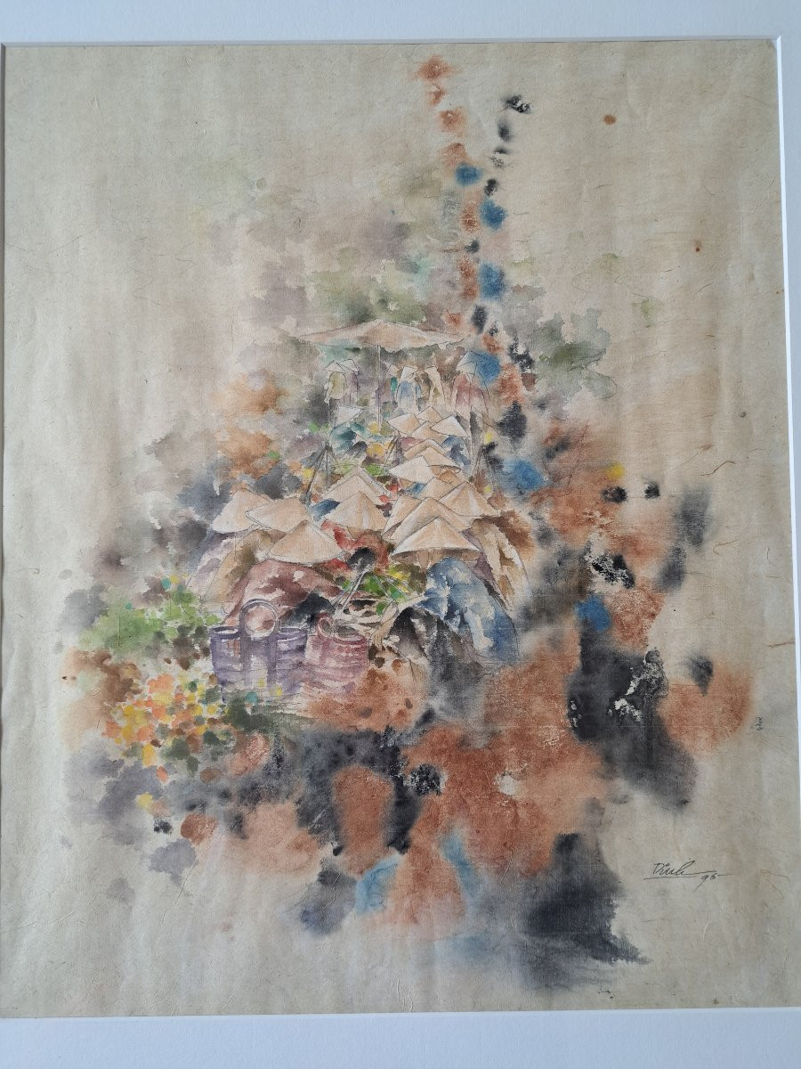 Dinh , Scène de marché au Vietnam , Aquarelle , XX°. -photo-3