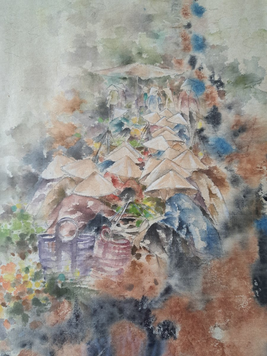Dinh , Scène de marché au Vietnam , Aquarelle , XX°. -photo-4