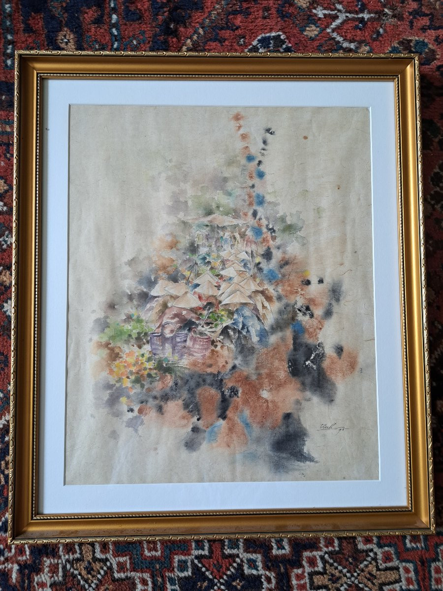 Dinh , Scène de marché au Vietnam , Aquarelle , XX°. -photo-2