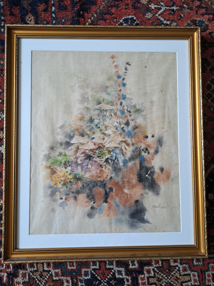 Dinh , Scène de marché au Vietnam , Aquarelle , XX°. -photo-3