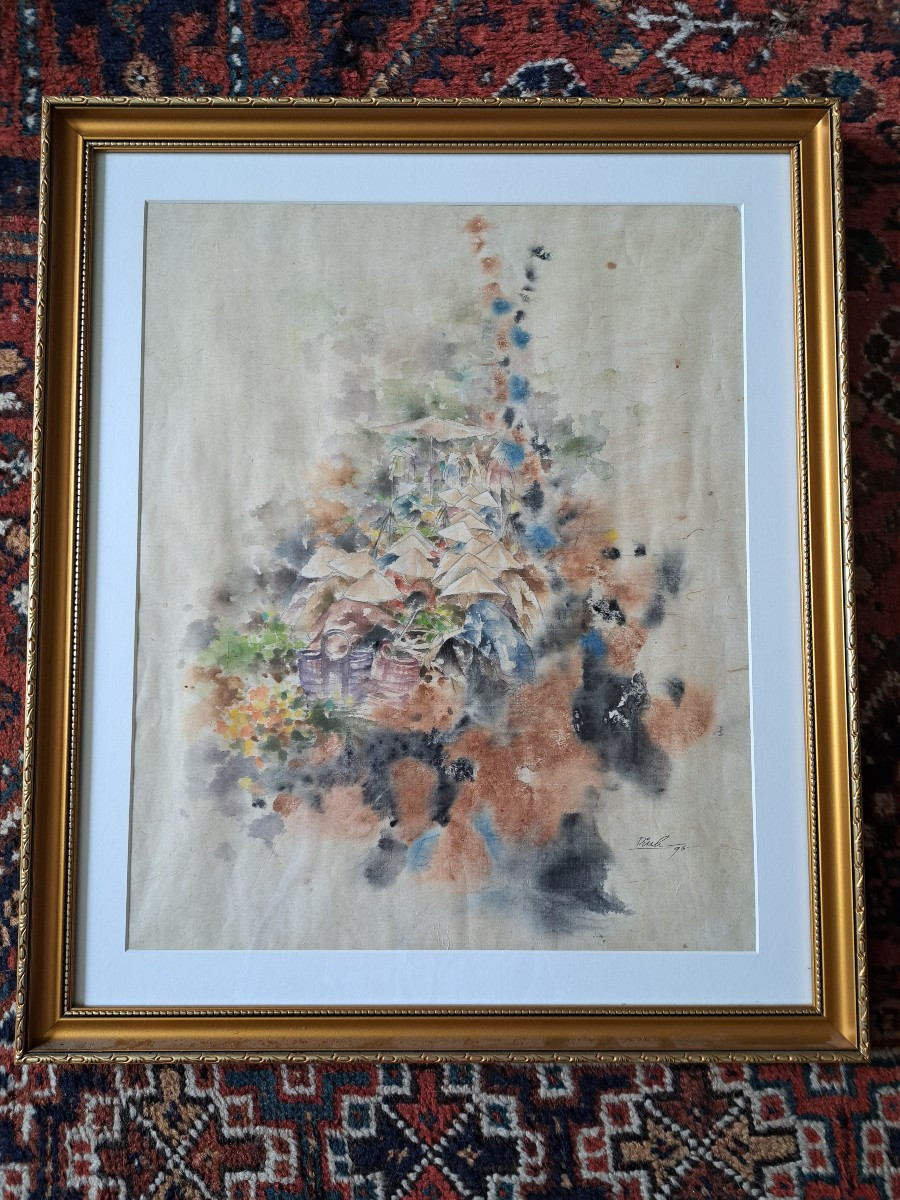 Dinh , Scène de marché au Vietnam , Aquarelle , XX°. 