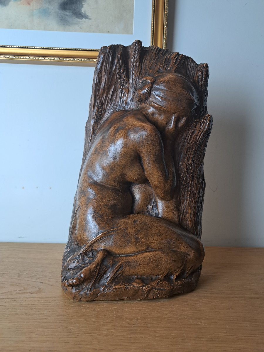 Attribué à Gaston Leroux , Nu féminin accroupi , Terre cuite , XIX°/Début XX°. -photo-2