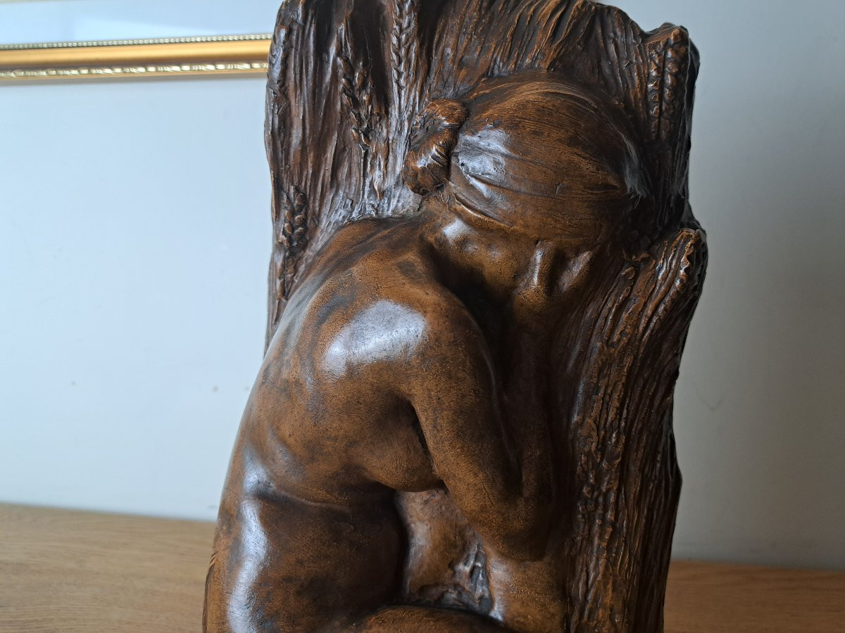 Attribué à Gaston Leroux , Nu féminin accroupi , Terre cuite , XIX°/Début XX°. -photo-5