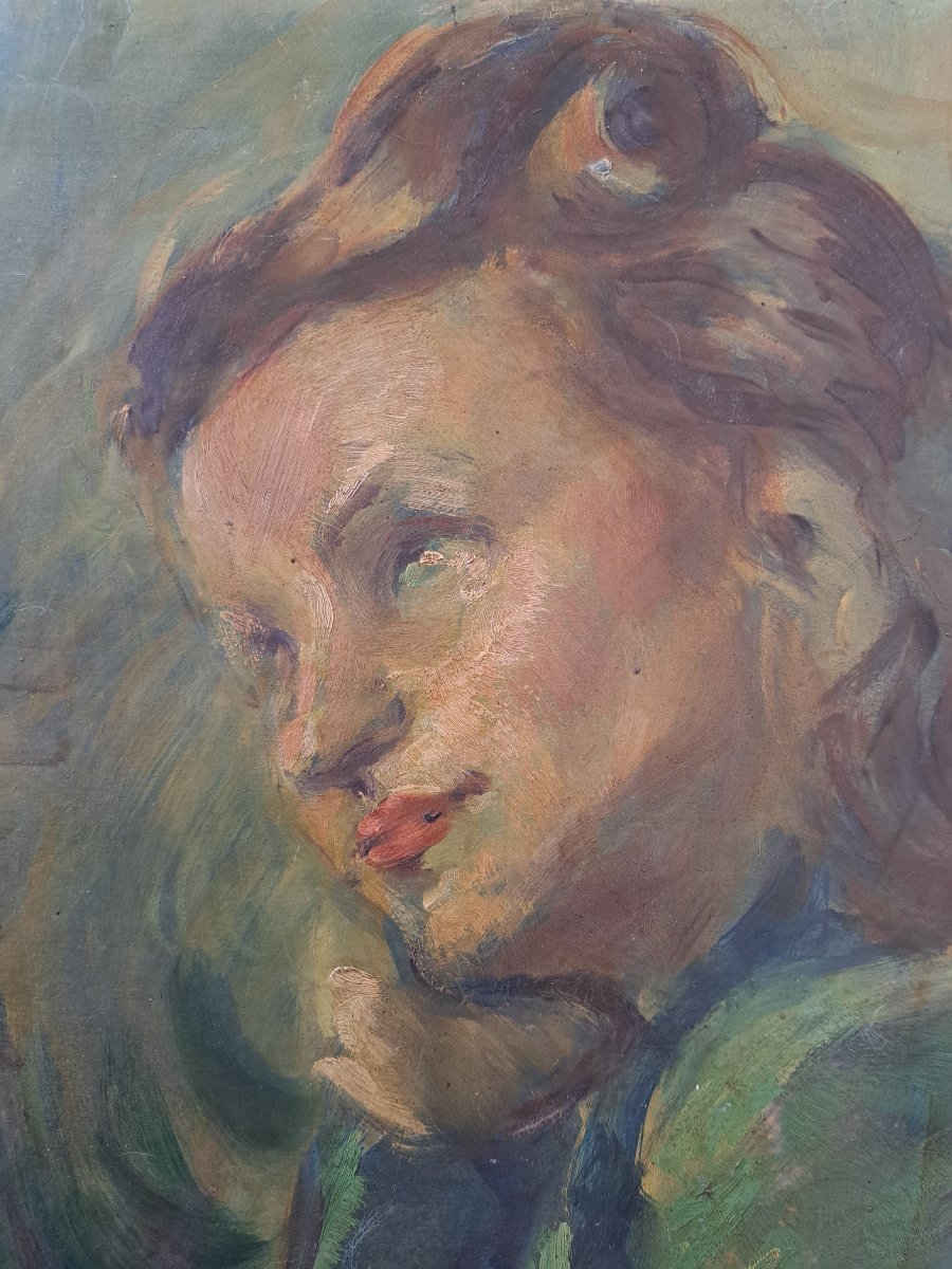 Portrait de femme , Huile sur papier , XX°. -photo-3
