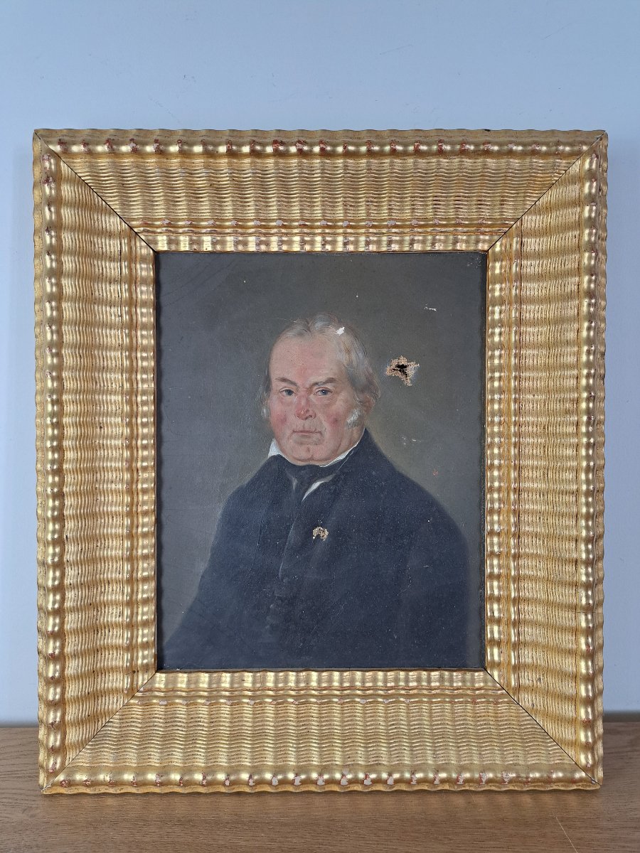 Portrait Of A Notable , Oil On Canvas , Wooden Frame And Gilded Stucco , XIX°.-photo-2