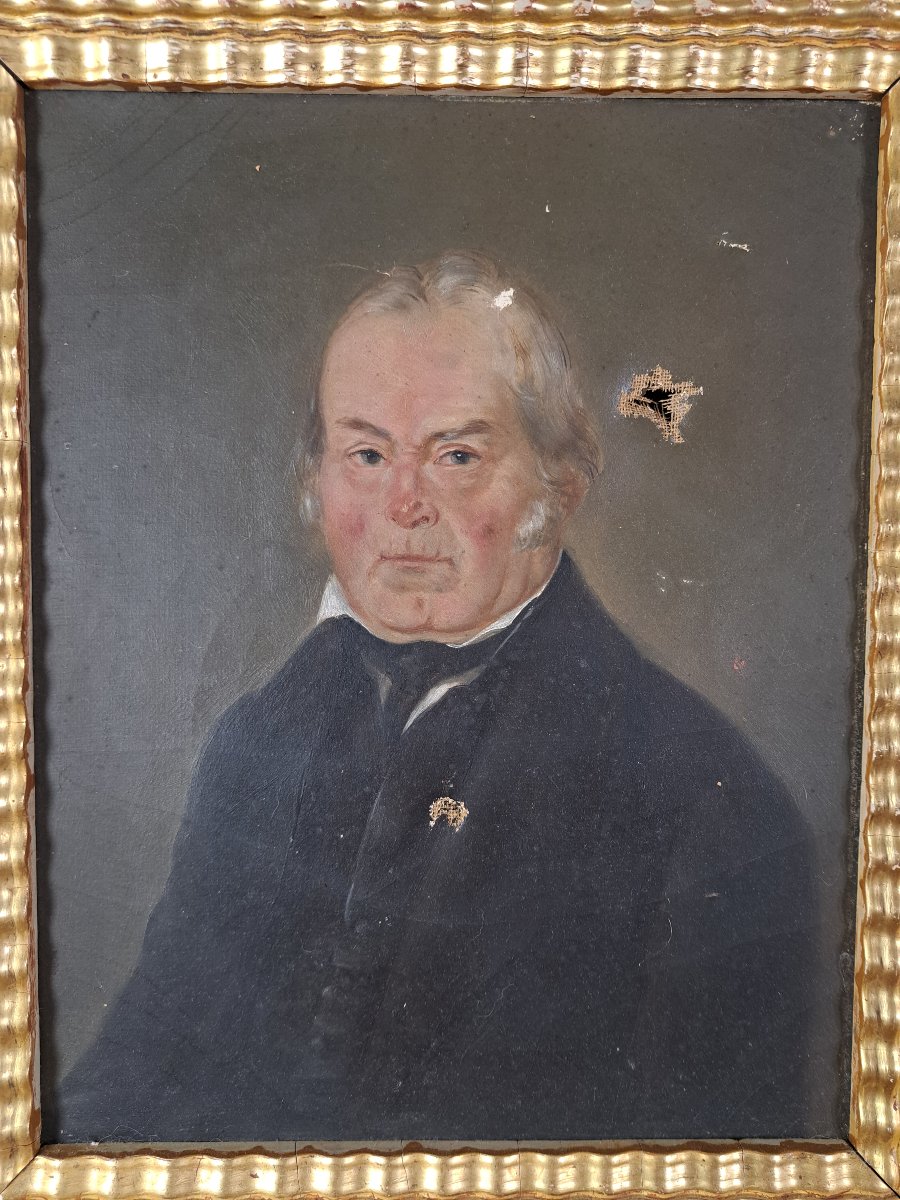 Portrait Of A Notable , Oil On Canvas , Wooden Frame And Gilded Stucco , XIX°.-photo-3