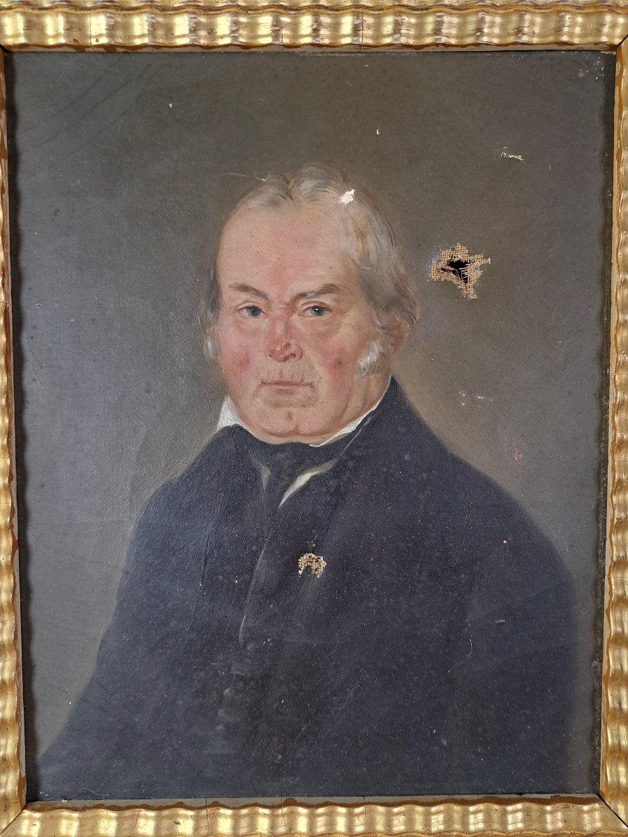 Portrait Of A Notable , Oil On Canvas , Wooden Frame And Gilded Stucco , XIX°.-photo-4