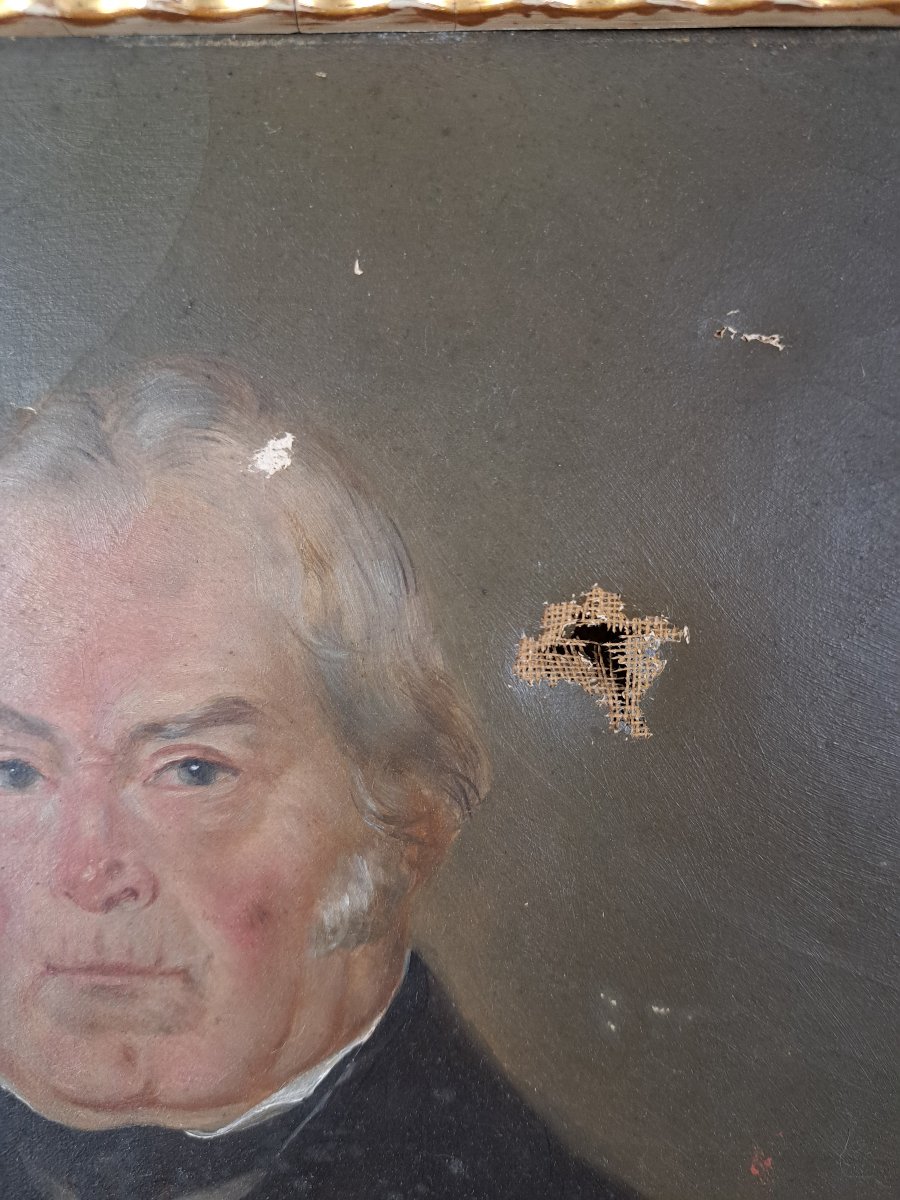 Portrait Of A Notable , Oil On Canvas , Wooden Frame And Gilded Stucco , XIX°.-photo-3