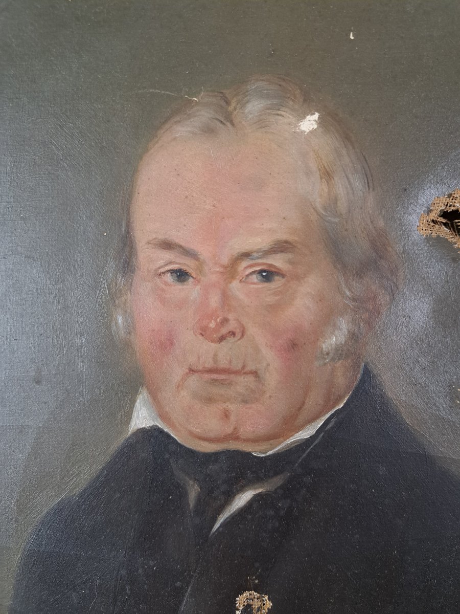 Portrait Of A Notable , Oil On Canvas , Wooden Frame And Gilded Stucco , XIX°.-photo-4
