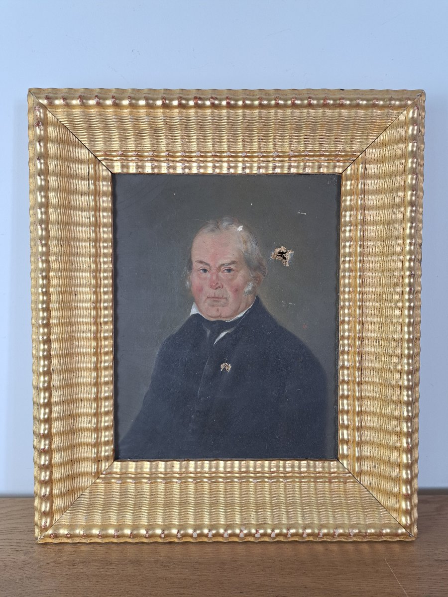 Portrait Of A Notable , Oil On Canvas , Wooden Frame And Gilded Stucco , XIX°.-photo-5