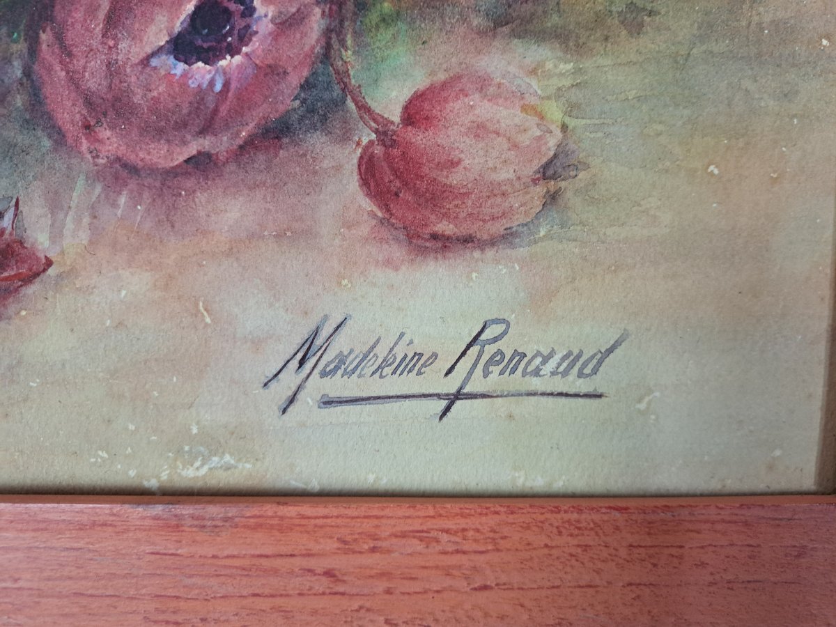 Madeleine Renaud , Bouquet Of Flowers , Watercolor , XX°.-photo-3