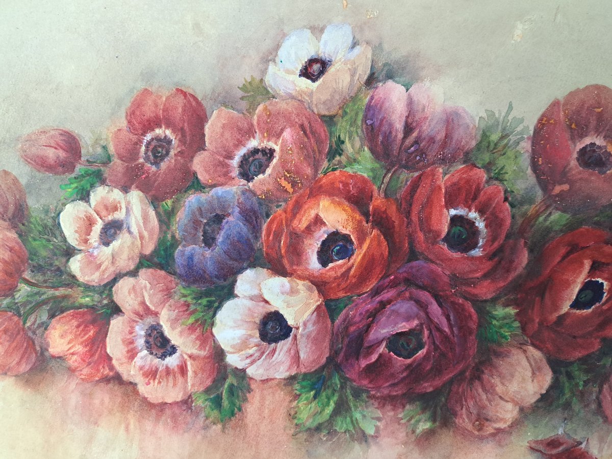 Madeleine Renaud , Bouquet Of Flowers , Watercolor , XX°.-photo-3