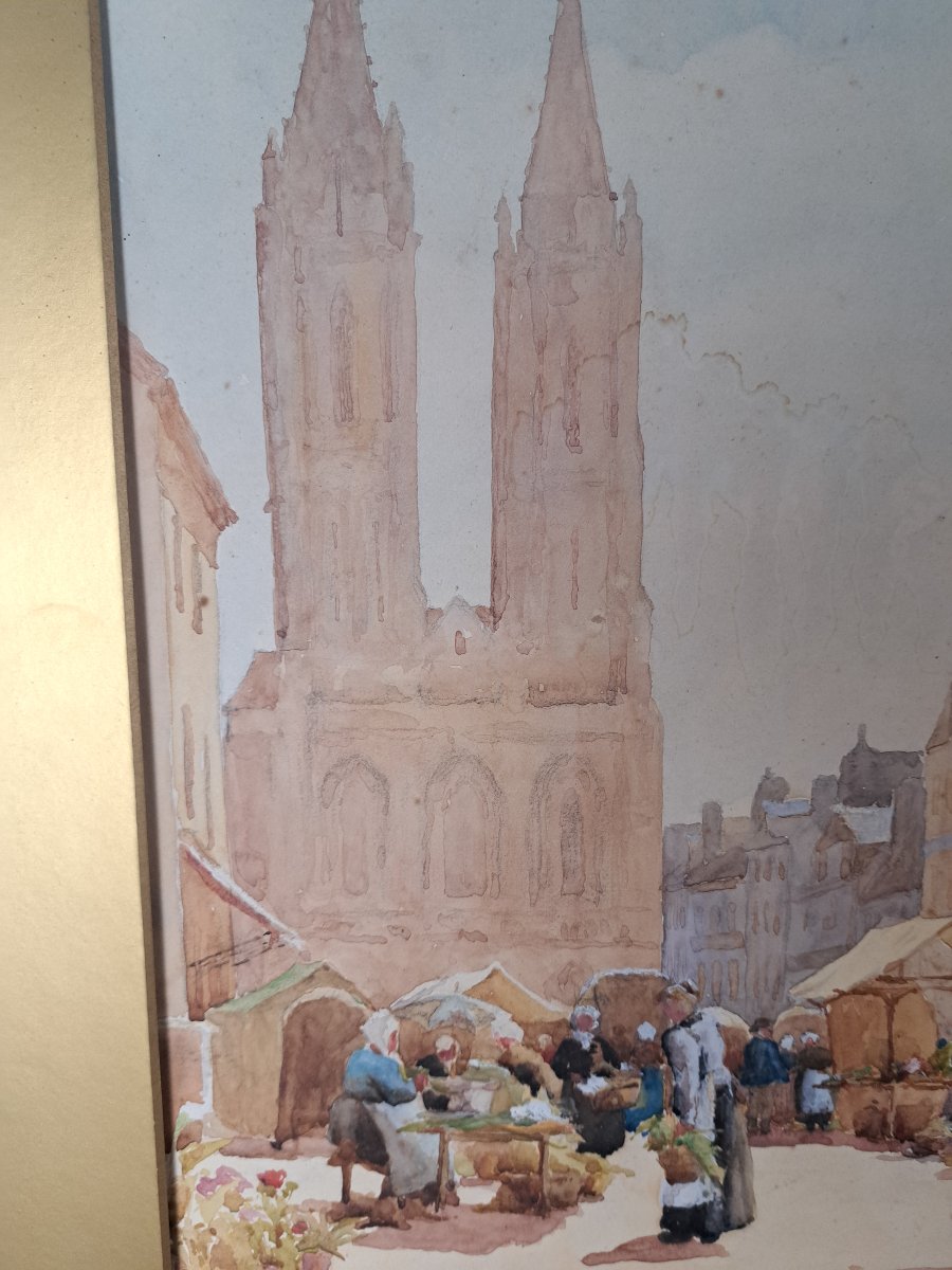 Cathedral Of Saint Lo , Watercolor , Signed , XIX°.-photo-3