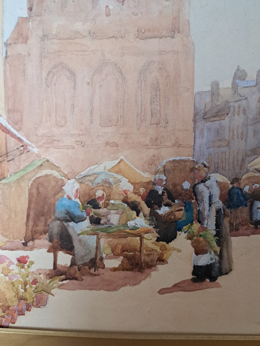 Cathedral Of Saint Lo , Watercolor , Signed , XIX°.-photo-4