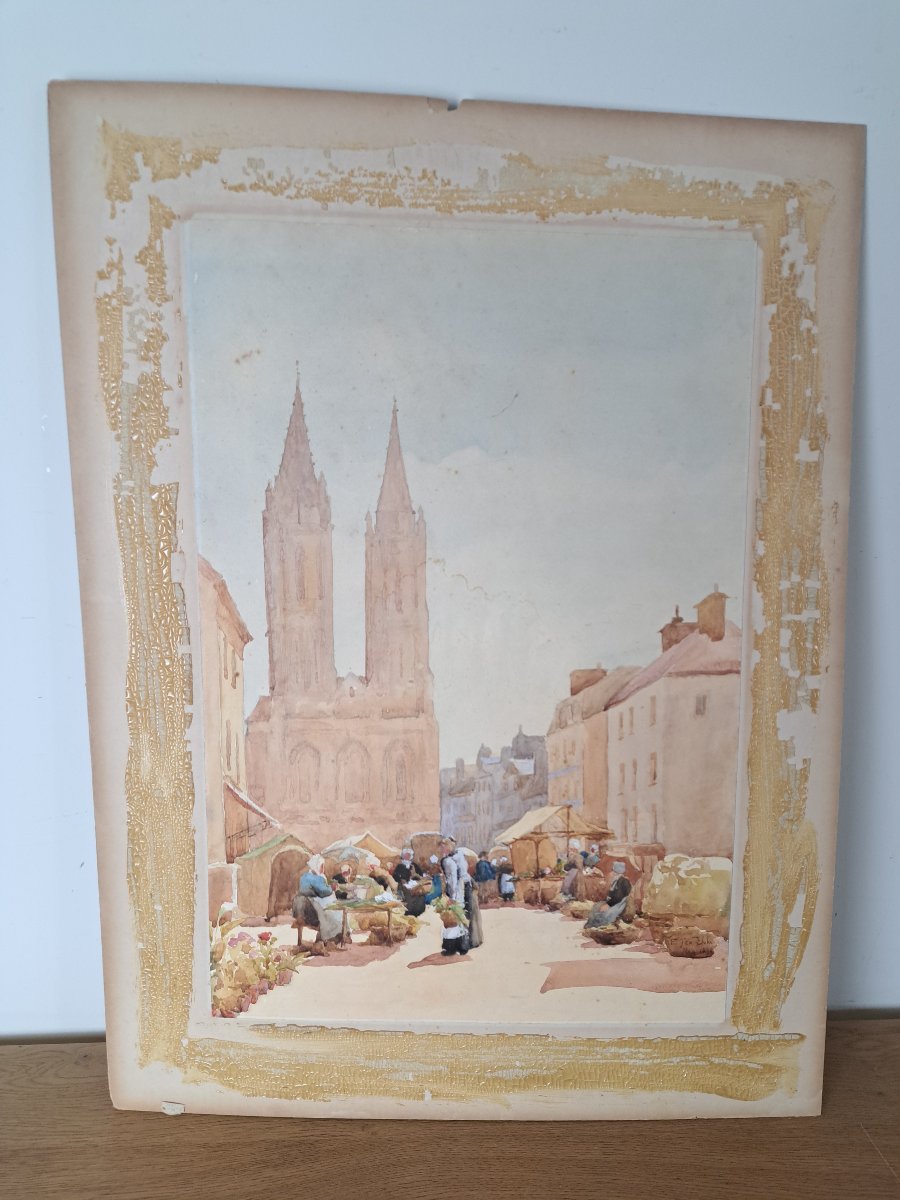 Cathedral Of Saint Lo , Watercolor , Signed , XIX°.-photo-3