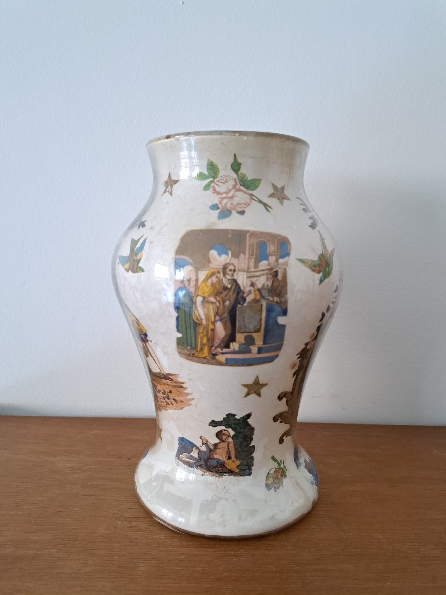 Vase balustre en fixé sous verre , Italie , Fin XVIII°. -photo-1