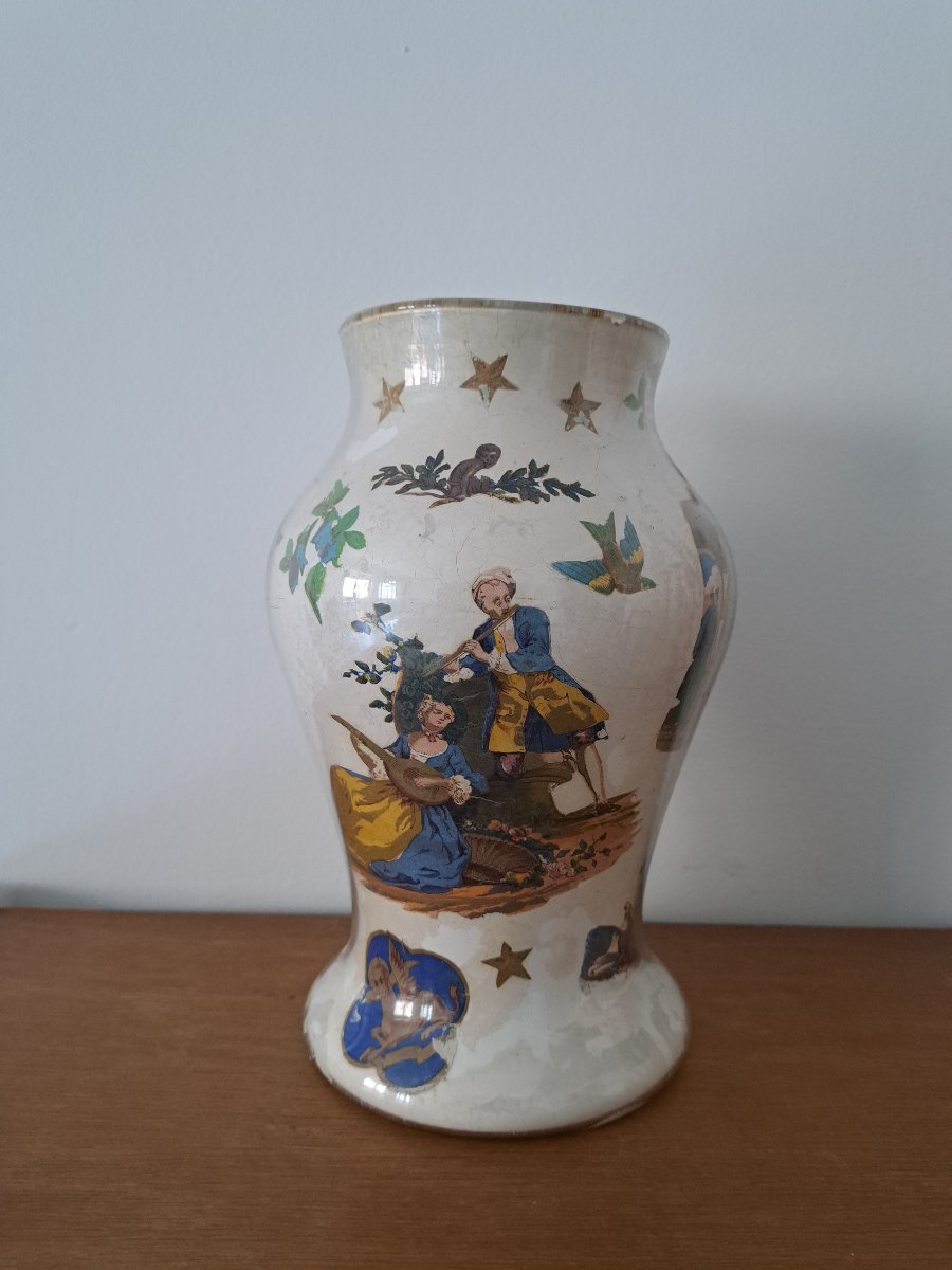 Vase balustre en fixé sous verre , Italie , Fin XVIII°. -photo-3