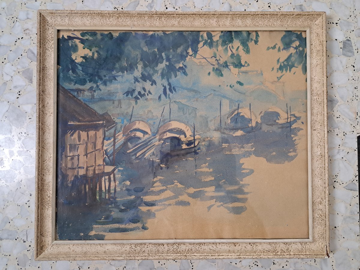 André Ragot , Paysage d'Indochine , Aquarelle ,  XX°. -photo-4
