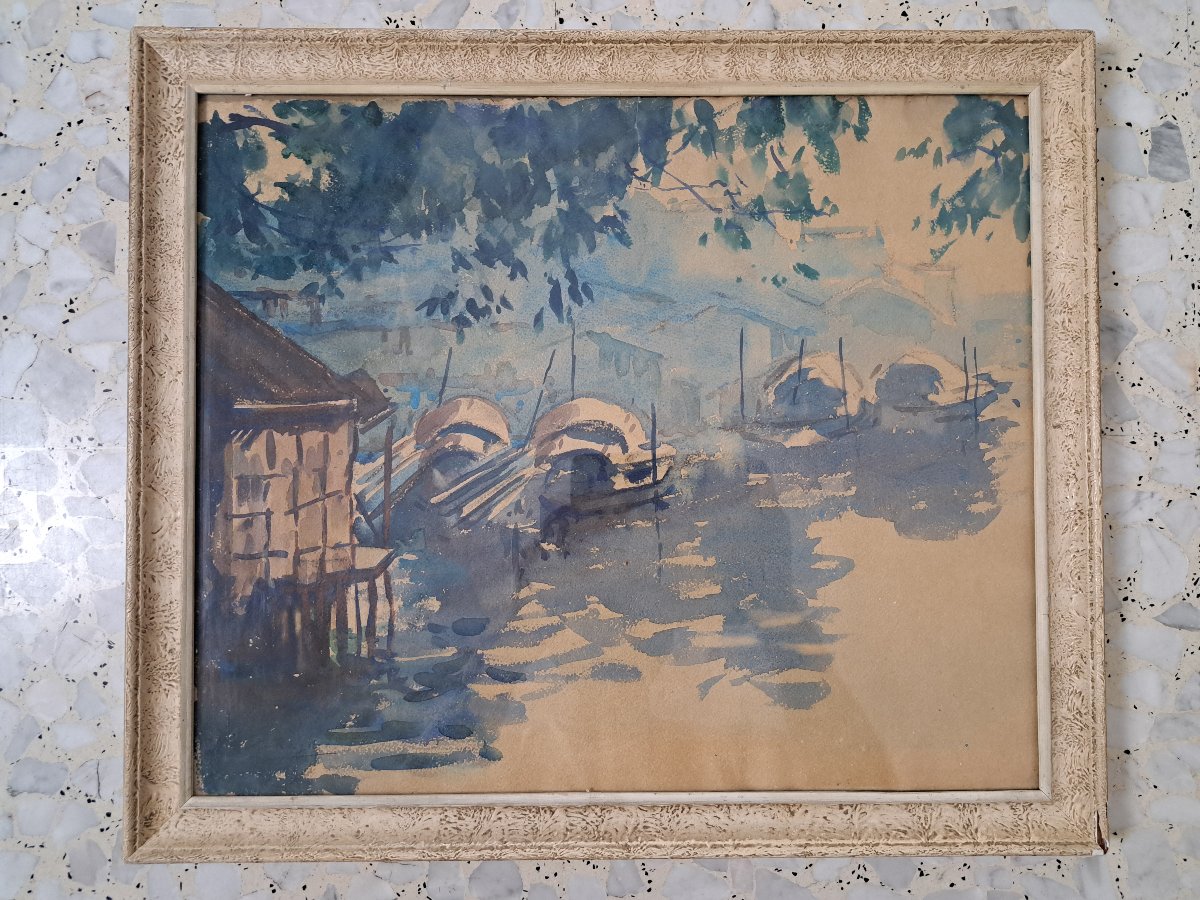 André Ragot , Paysage d'Indochine , Aquarelle ,  XX°. -photo-1