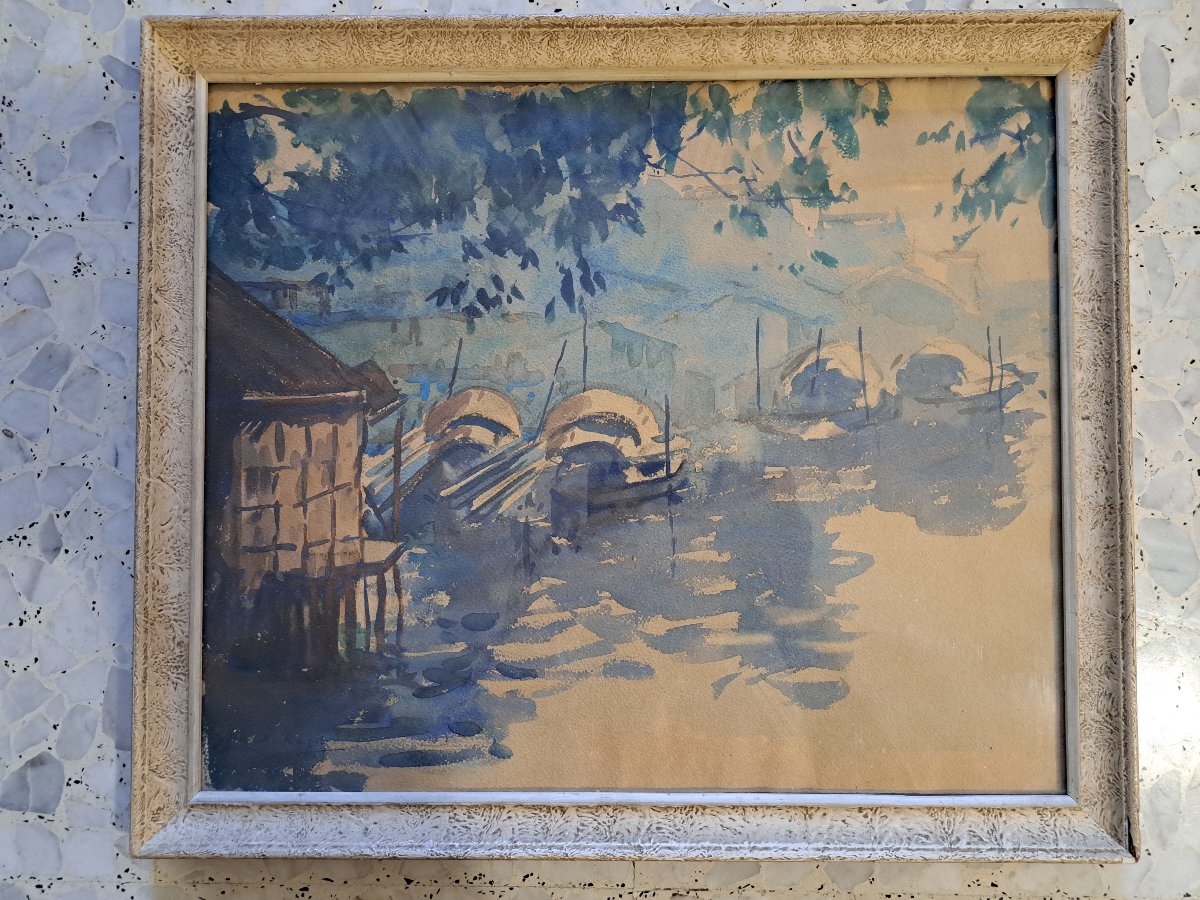 André Ragot , Paysage d'Indochine , Aquarelle ,  XX°. 