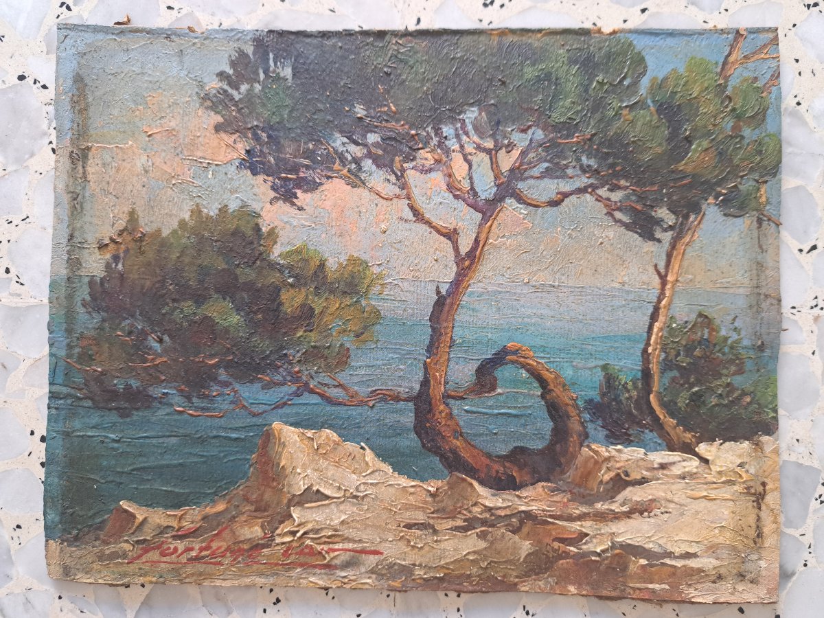 Fortuné Car, Seaside In Provence, Oil On Cardboard, 20th Century. -photo-2