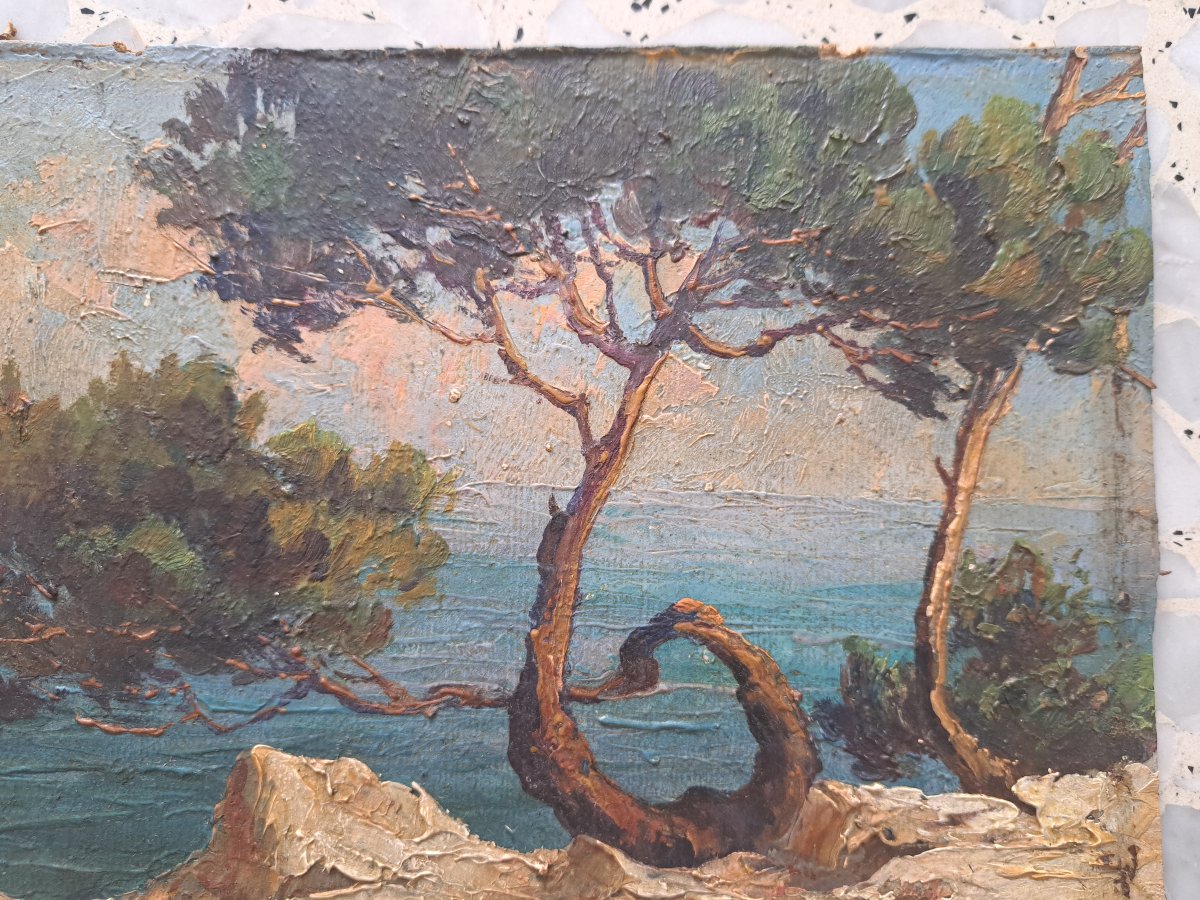 Fortuné Car, Seaside In Provence, Oil On Cardboard, 20th Century. -photo-4
